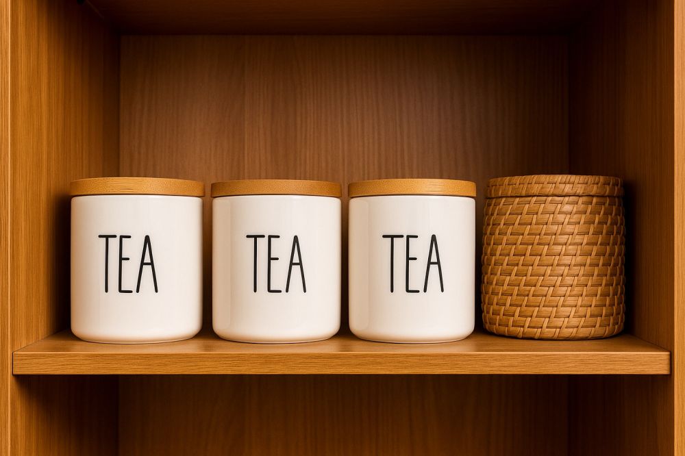 Wooden shelf with sealed tea jars